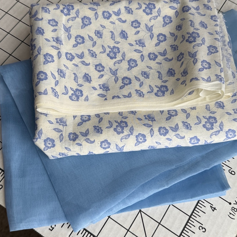 1940s Organdy Fabric + 1970s Blue Floral Print – Vintage Sewing Yardage Lot